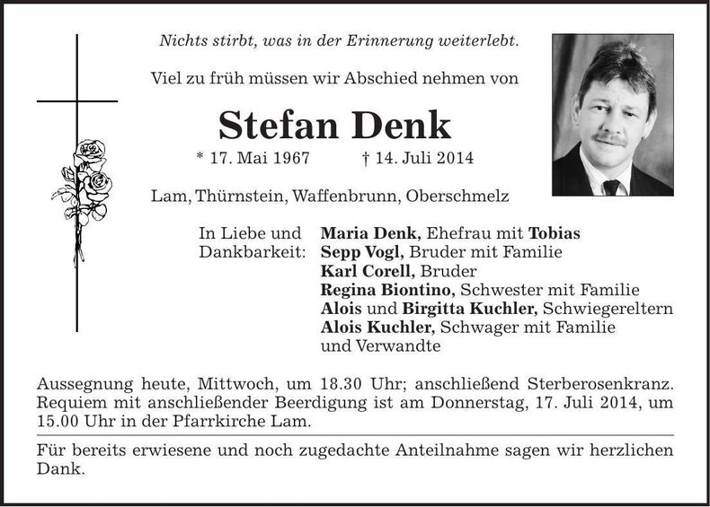 Traueranzeige Stefan Denk