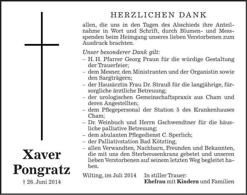 Traueranzeige Xaver Pongratz