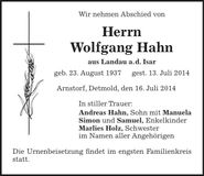 Traueranzeige Wolfgang Hahn