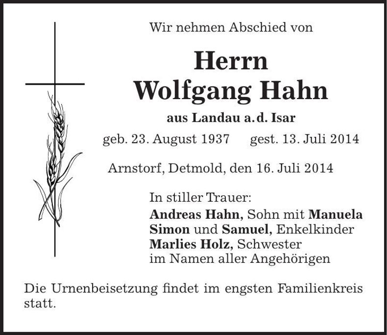 Traueranzeige Wolfgang Hahn