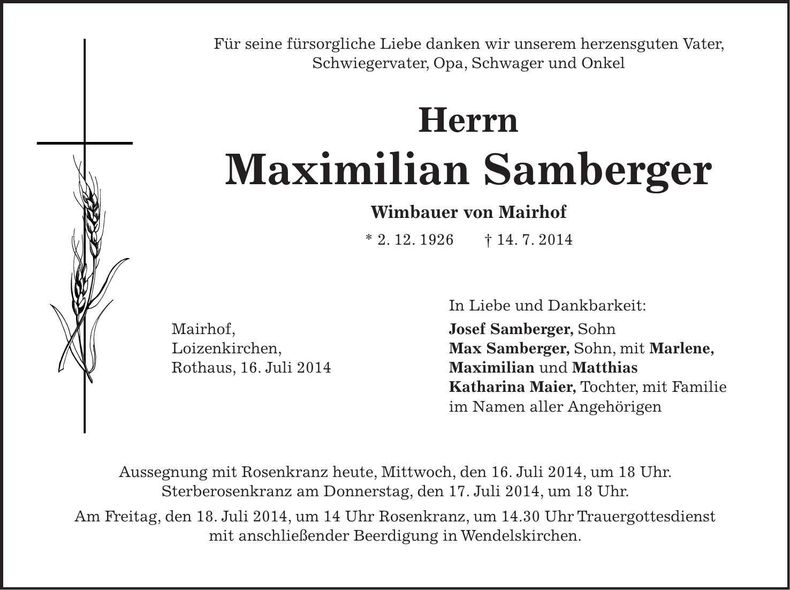 Traueranzeige Maximilian Samberger