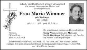 Traueranzeige Maria Wimmer