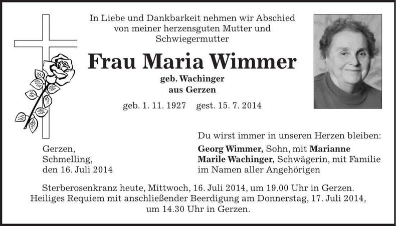 Traueranzeige Maria Wimmer