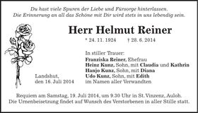 Traueranzeige Helmut Reiner