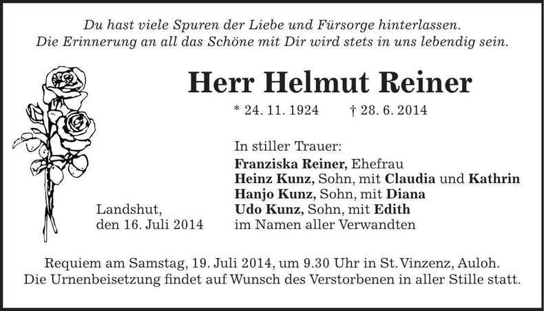 Traueranzeige Helmut Reiner