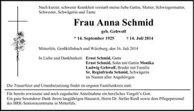 Traueranzeige Anna Schmid