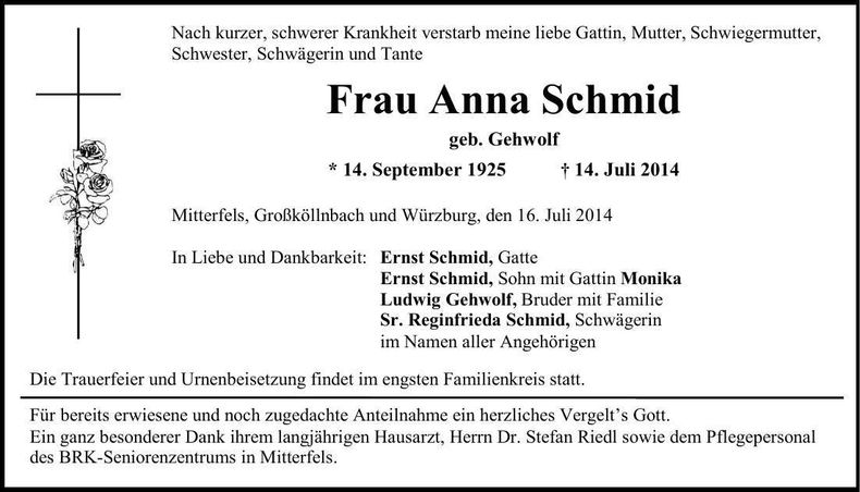 Traueranzeige Anna Schmid