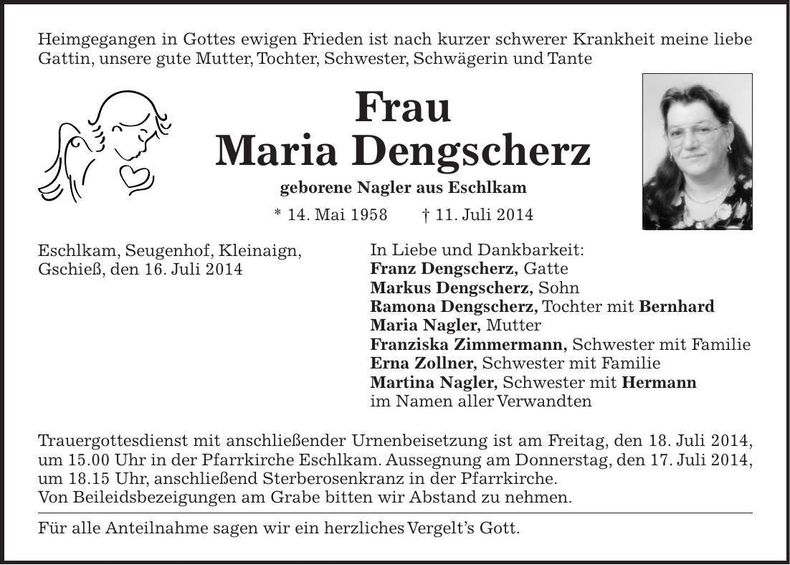 Traueranzeige Maria Dengscherz