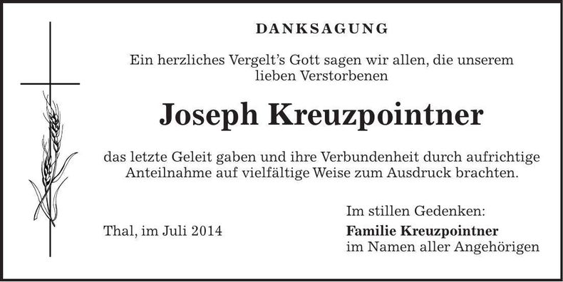 Traueranzeige Joseph Kreuzpointner