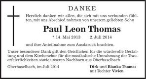 Traueranzeige Paul Leon Thomas