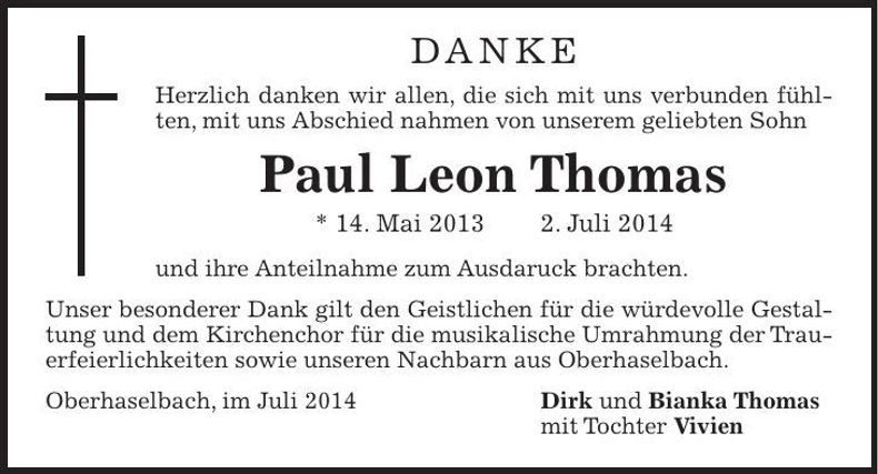 Traueranzeige Paul Leon Thomas