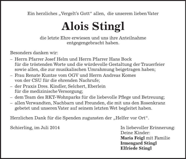 Traueranzeige Alois Stingl