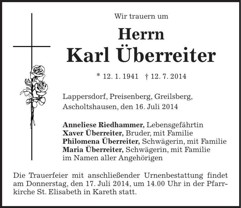 Traueranzeige Karl Überreiter