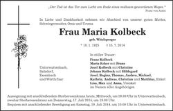 Traueranzeige Maria Kolbeck