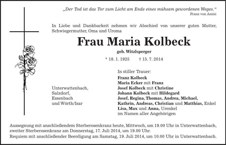 Traueranzeige Maria Kolbeck