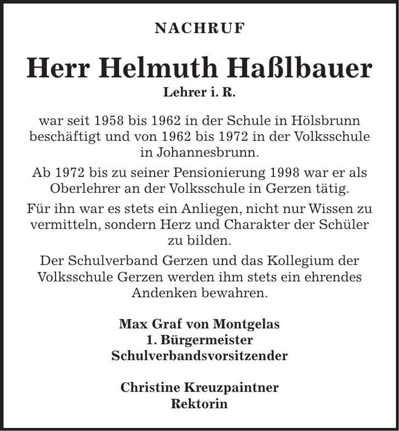Traueranzeige Helmuth Haßlbauer