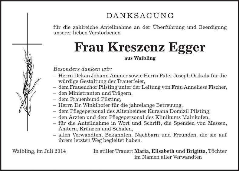 Traueranzeige Kreszenz Egger
