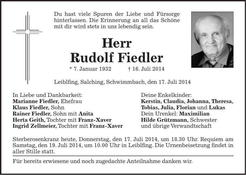 Traueranzeige Rudolf Fiedler