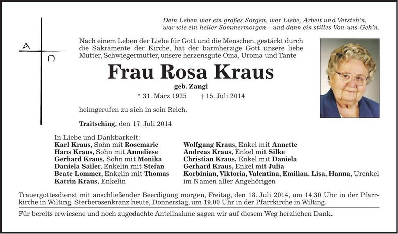 Traueranzeige Rosa Kraus