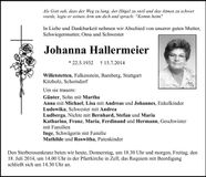 Traueranzeige Johanna Hallermeier