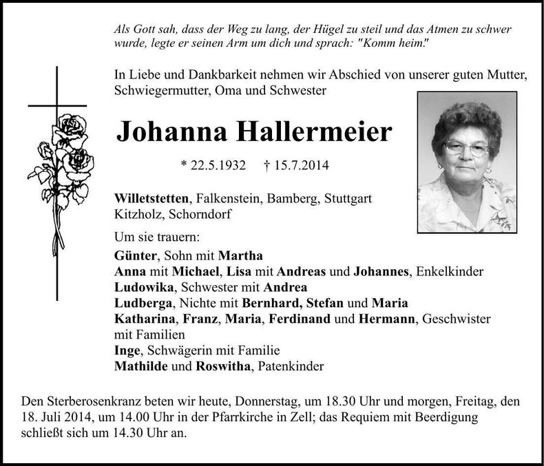 Traueranzeige Johanna Hallermeier