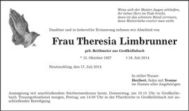 Traueranzeige Theresia Limbrunner