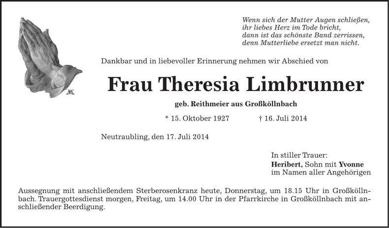 Traueranzeige Theresia Limbrunner
