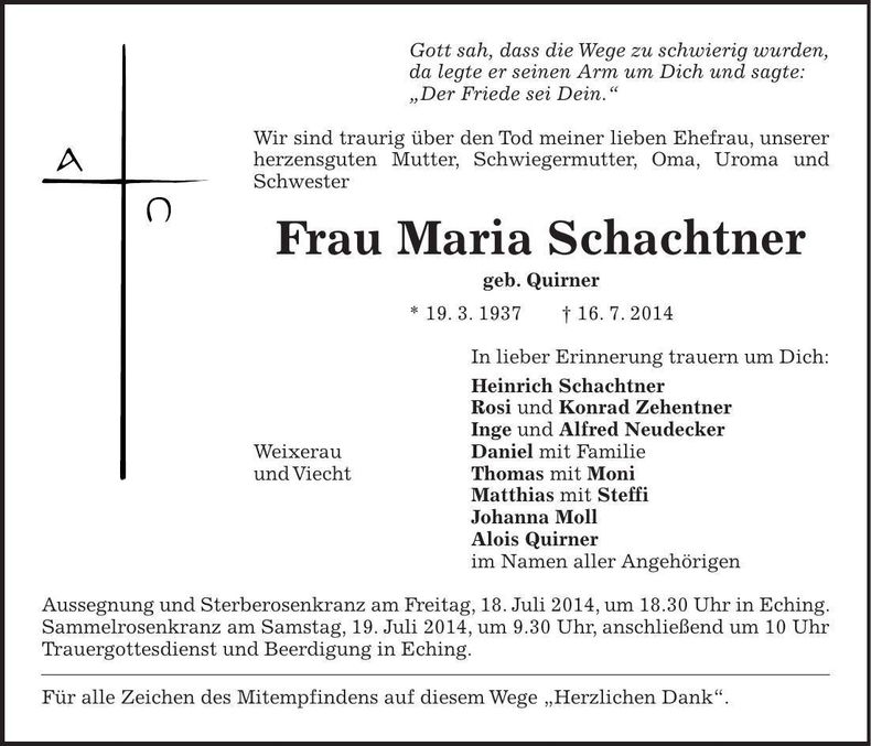 Traueranzeige Maria Schachtner