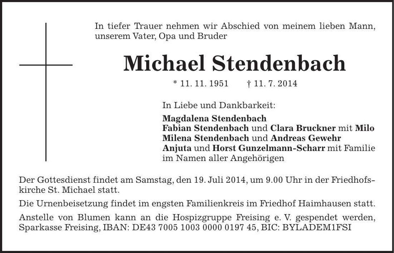 Traueranzeige Stendenbach Michael