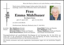 Traueranzeige Emma Mühlbauer