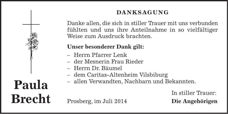 Traueranzeige Paula Brecht