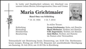 Traueranzeige Maria Grichtmaier