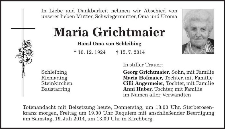 Traueranzeige Maria Grichtmaier