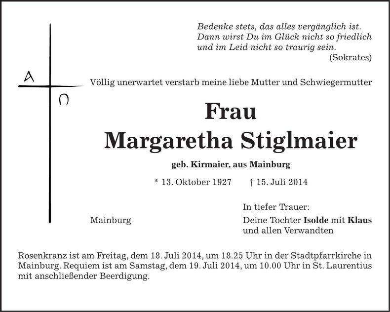 Traueranzeige Margaretha Stiglmaier