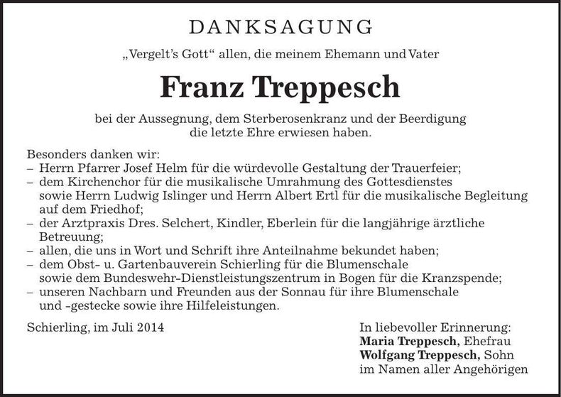 Traueranzeige Franz Treppesch