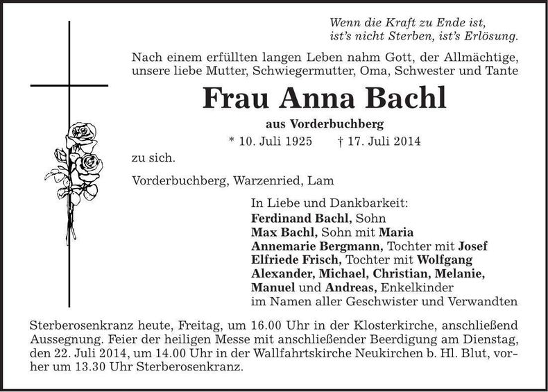 Traueranzeige Anna Bachl