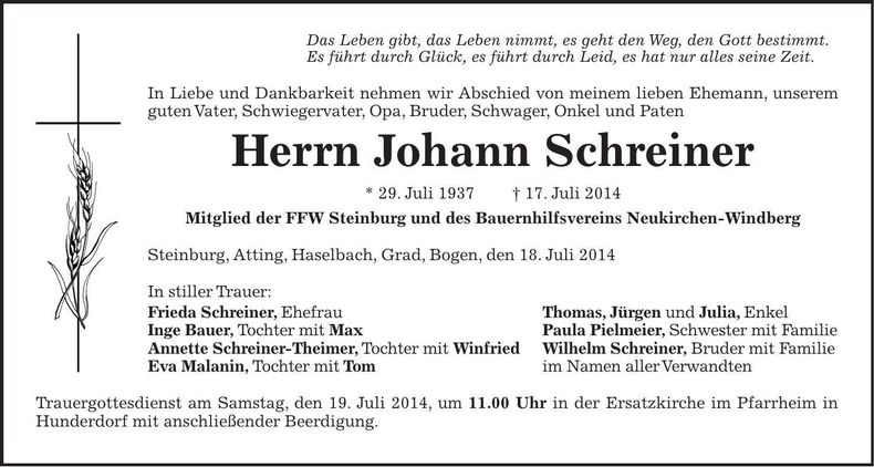 Traueranzeige Johann Schreiner