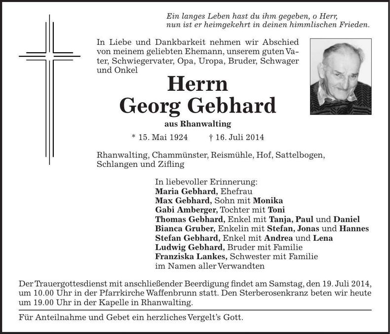 Traueranzeige Georg Gebhard