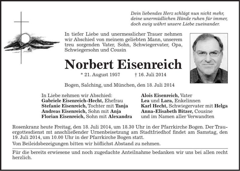 Traueranzeige Norbert Eisenreich