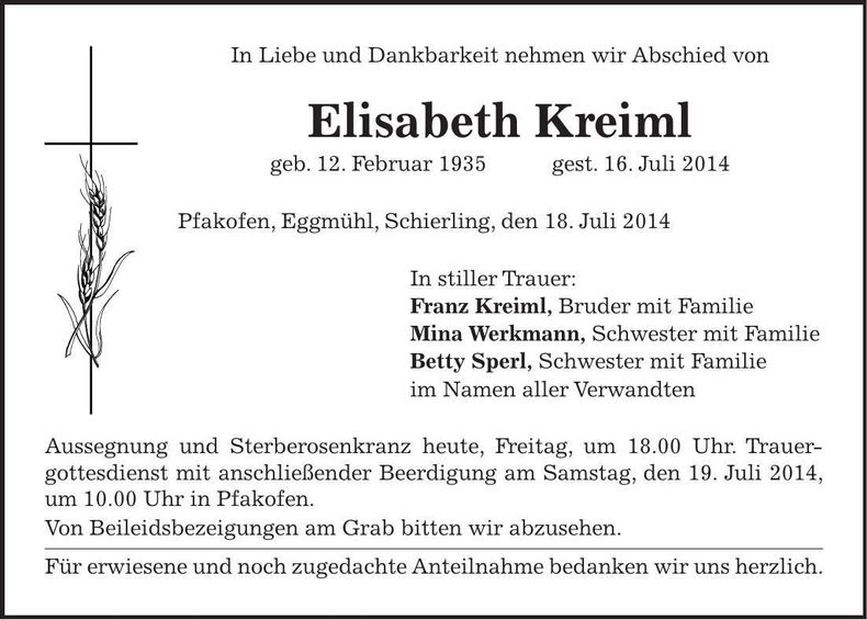 Traueranzeige Elisabeth Kreiml