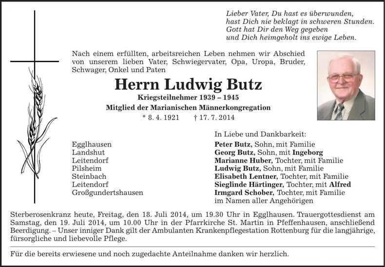 Traueranzeige Ludwig Butz