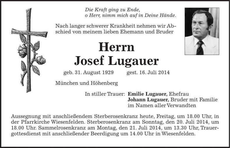 Traueranzeige Josef Lugauer