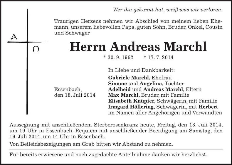 Traueranzeige Andreas Marchl