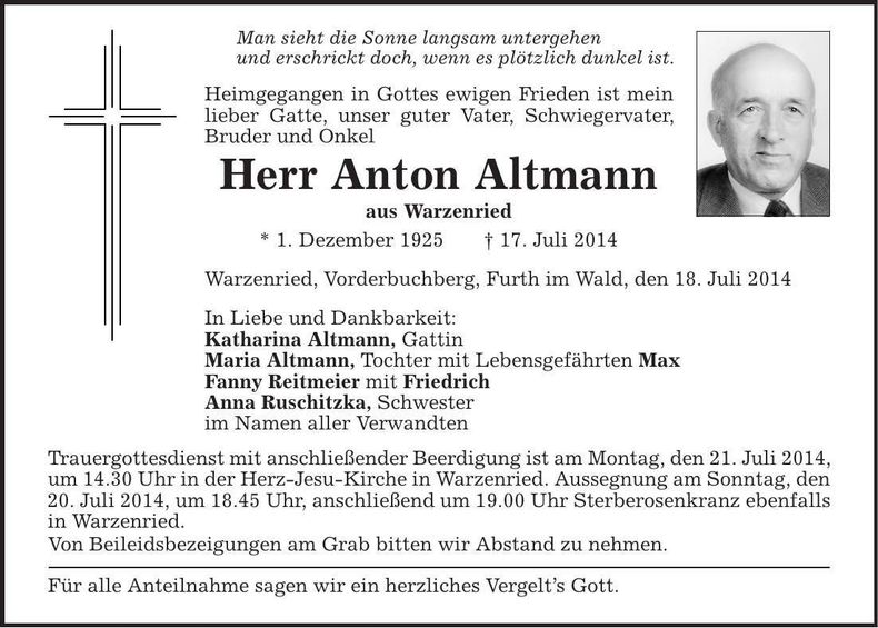 Traueranzeige Anton Altmann