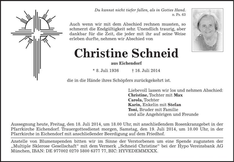 Traueranzeige Christine Schneid