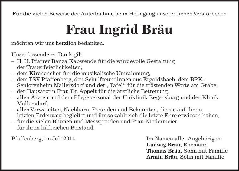 Traueranzeige Ingrid Bräu