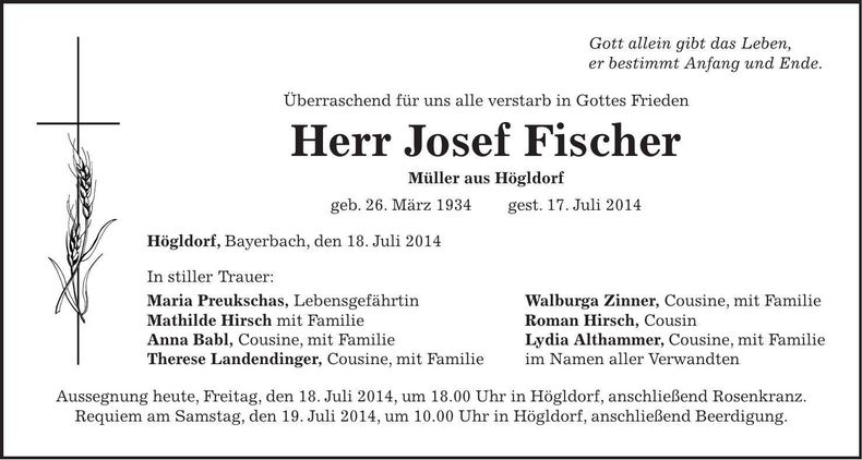 Traueranzeige Josef Fischer