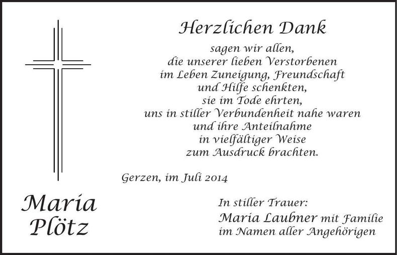 Traueranzeige Maria Plötz