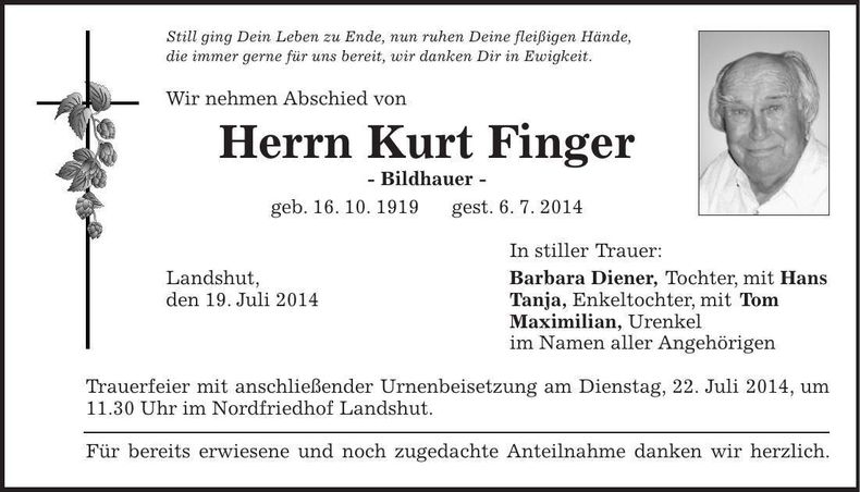 Traueranzeige Kurt Finger