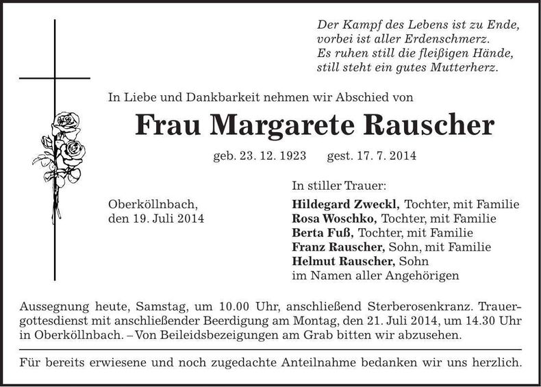 Traueranzeige Margarete Rauscher